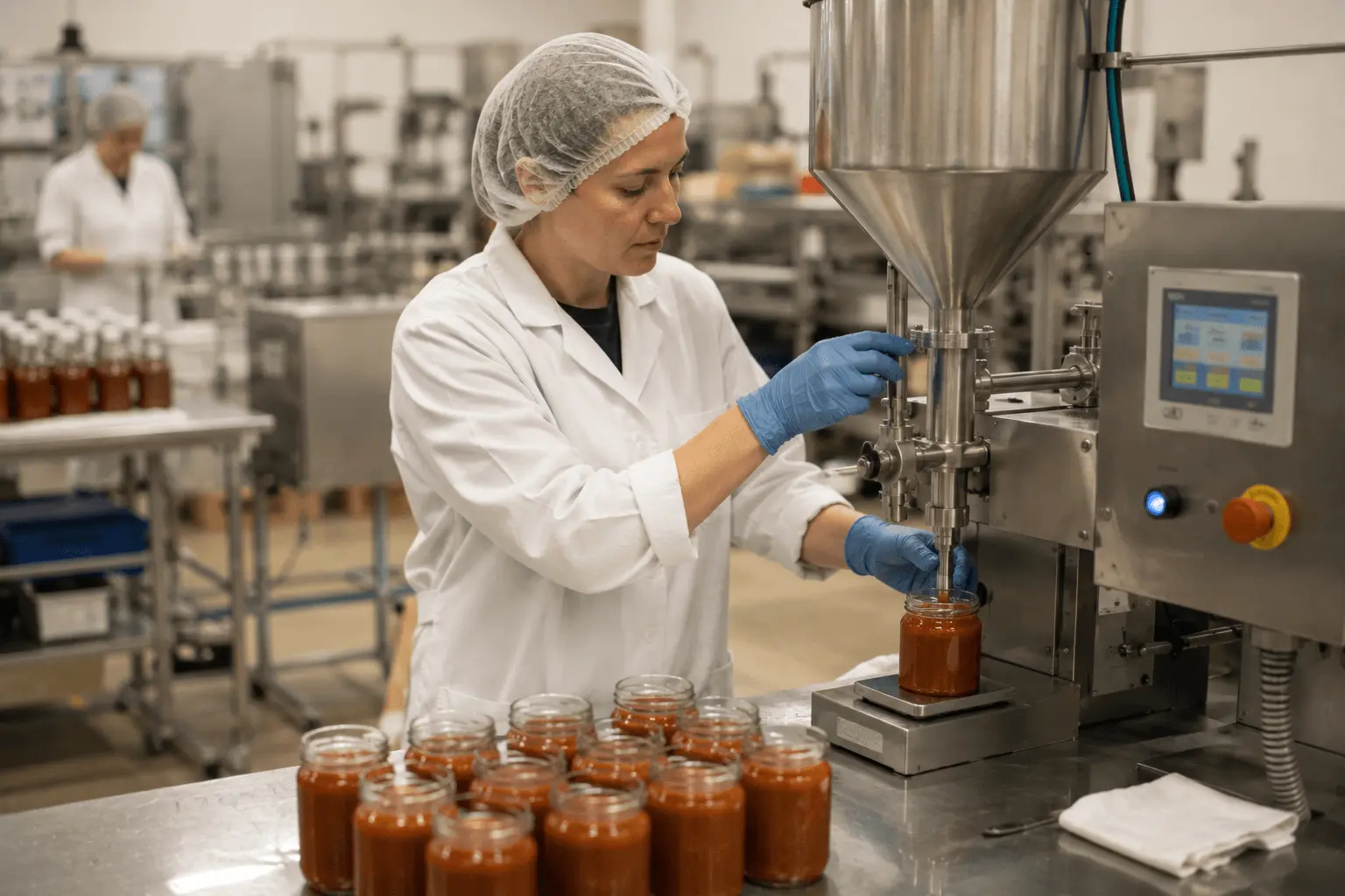 A production-floor worker in food-safety attire mid-task on a stainless line.