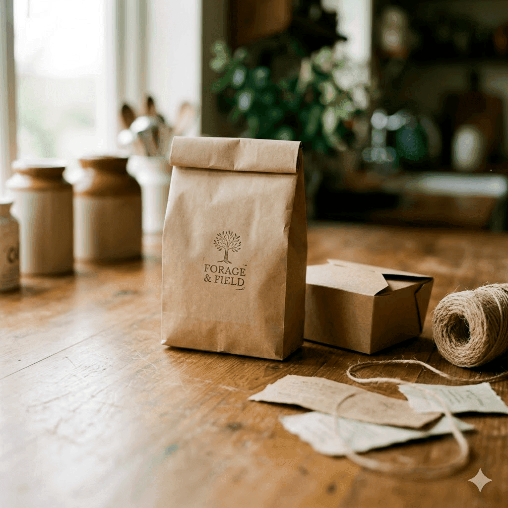Compostable kraft pouch and labels staged on a warm wooden tabletop.