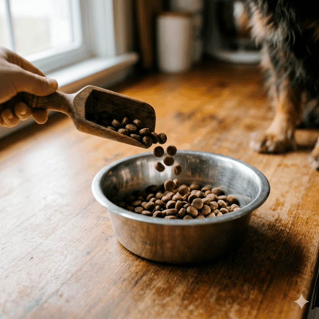 Single-protein dog kibble being scooped into a stainless bowl on a wooden counter.